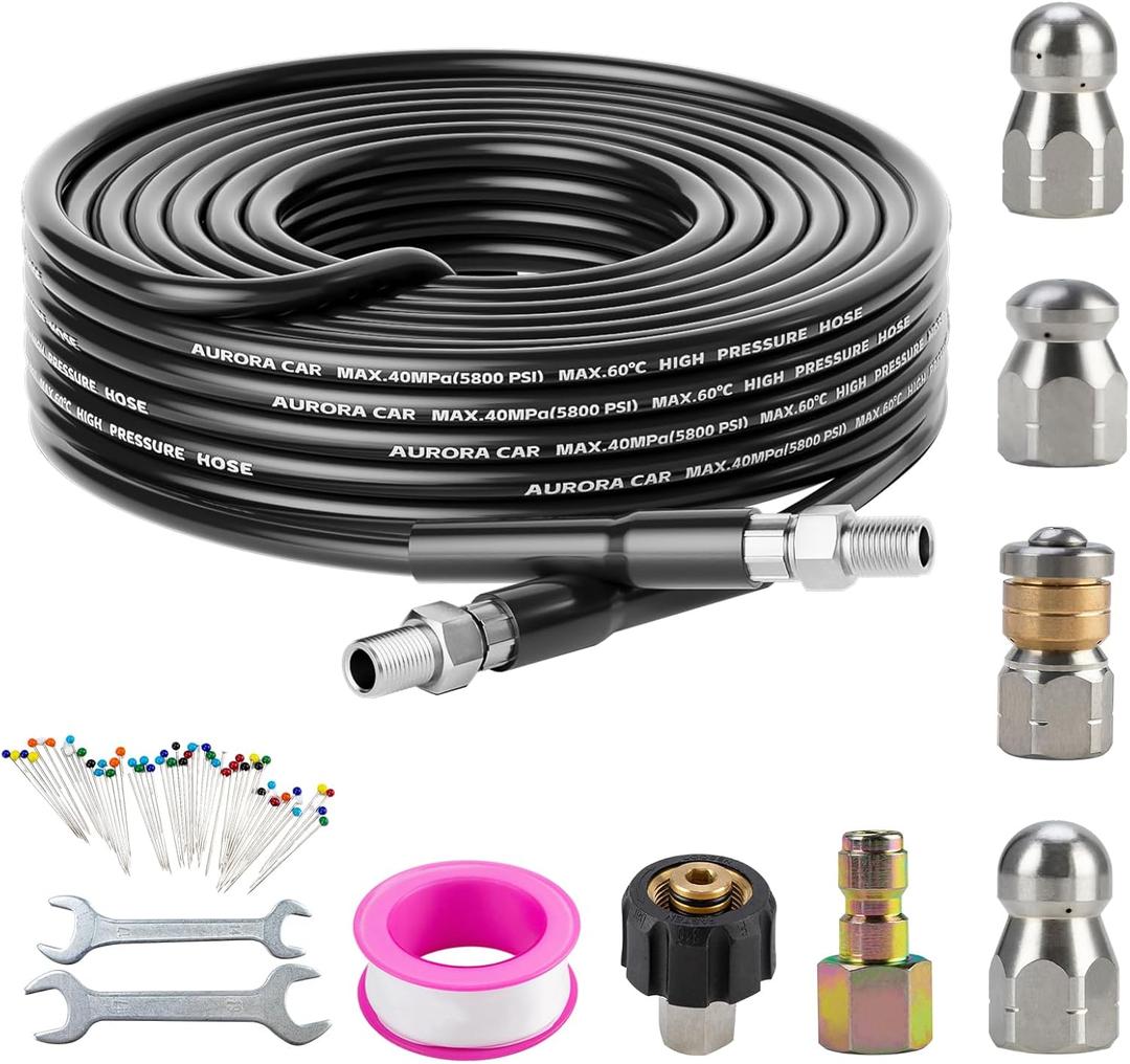 Sewer Jetter Kit for Pressure Washer 30FTDrain Cleaner Hose 1/4 Inch NPT Corner, Rotating and Button Nose Sewer Jetting Nozzle Kit Waterproof Tape Pearl Corsage Pin and Spanners5800PSI