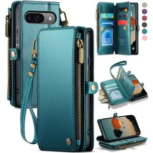 Defencase Compatible with Pixel 9/Pro Case, RFID Blocking Wallet Case Fit for Google Pixel 9 & 9 Pro Soft PU Leather Magnetic Snap Flip Zipper Strap Card Holder Phone Case for Women, Blue Green