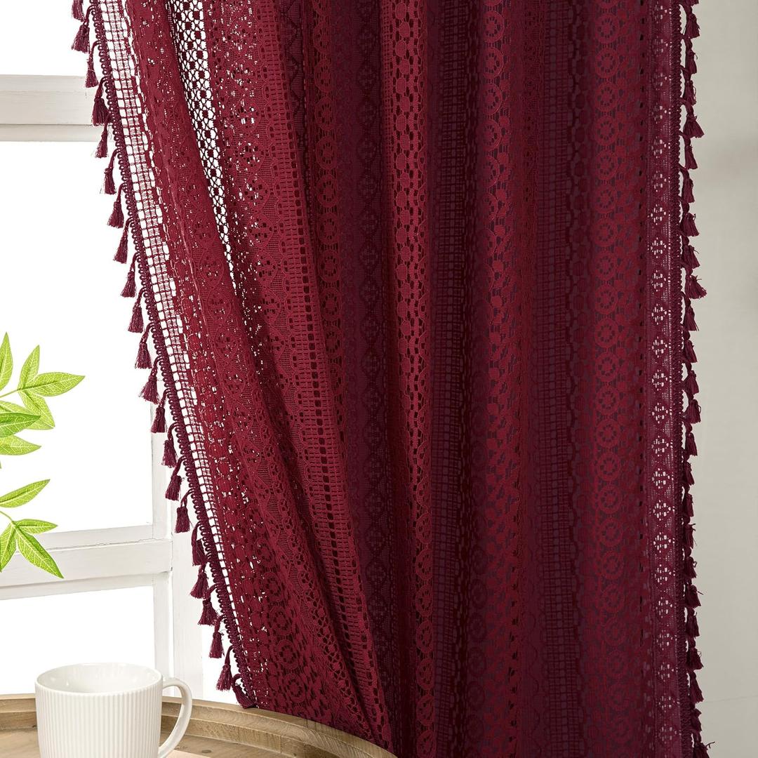 WAZZIO Burgundy Sheer Curtains 63 Inches Long 2 Panel Cotton Blend Crochet Lace Curtain Tassel Rod Pocket Design Semi Sheer Light Filtering Boho Curtains for Bedroom Living Room Window Drapes Dark Red