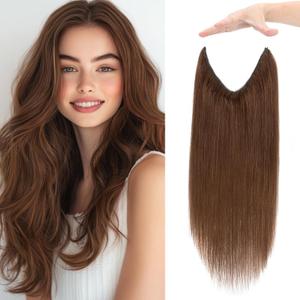 Halo Hair Extensions Real Human Hair Invisible Wire Extensions with Transparent Fish Line Adjustable Size Medium Brown 16 inch