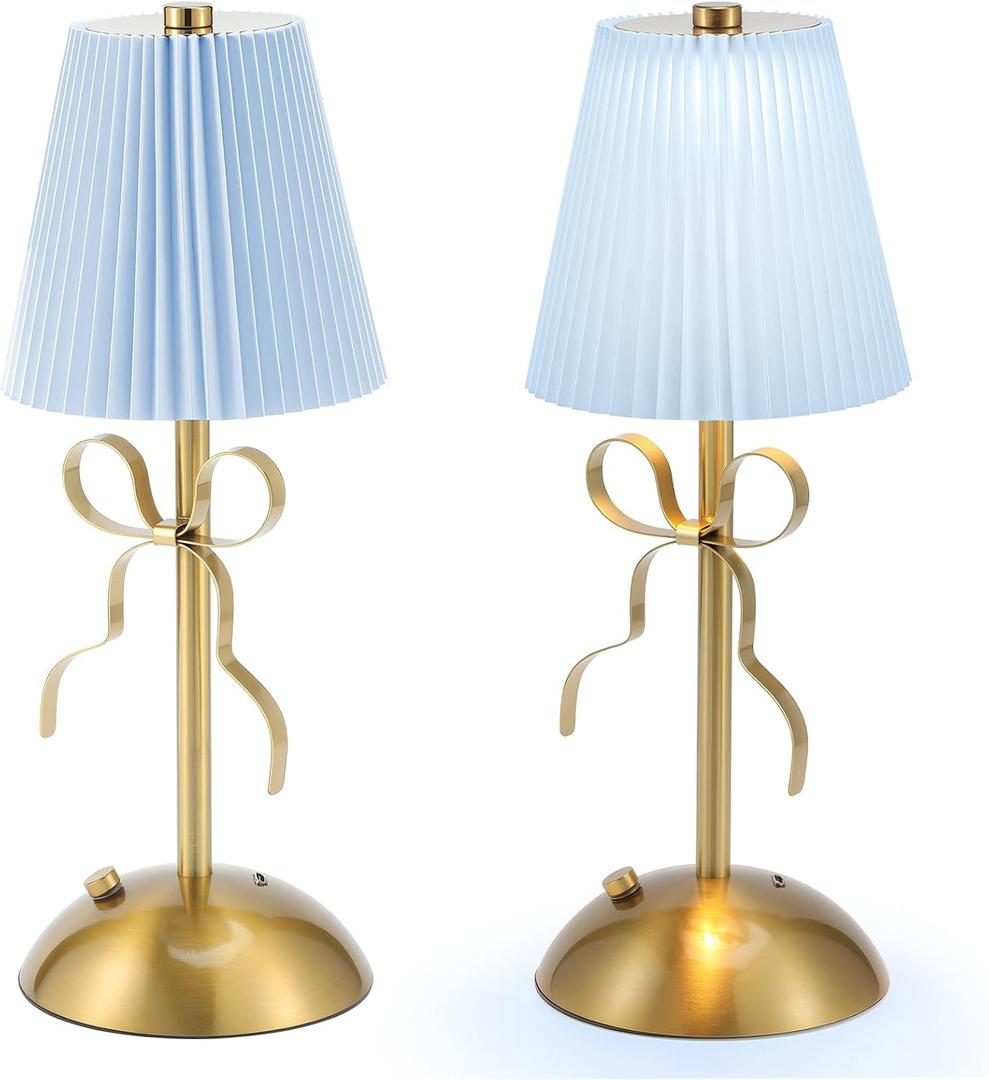 2 Pack Small Gold Bow Table Lamp 12 Inch for Girl's Bedroom Cute Coquette Bow Table Lamp with Fabric Shade Modern Decorative Bedside Light Small Princess Desk Lighting Boho Living Room (Blue)