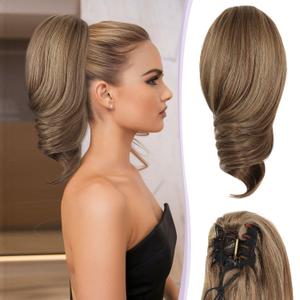 12 Inch Ponytail Extension - Clip in Ponytail Hair Extensions, Curly Wavy Pony Tails Hair Extensions, Synthetic Claw Clip Ponytail Extension for Women (Color: Light Brown With Blonde Highlights)