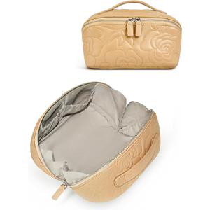 Popvibe Open Flat Makeup Bag Travel Cosmetic Case for Women, Large Capacity Toiletry Travel Bag with Zipper, Portable Aesthetic Floral Make Up Organizer Pouch for Toiletries, Makeup Brush Camel Medium (Biscuit)