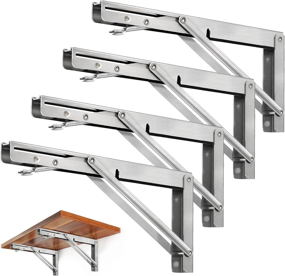 2 x Storystore Folding Shelf Brackets - 12Inch Heavy Duty Stainless Steel Collapsible Shelf Bracket for Bench Table, Space Saving DIY Bracket, Max Load: 550lb