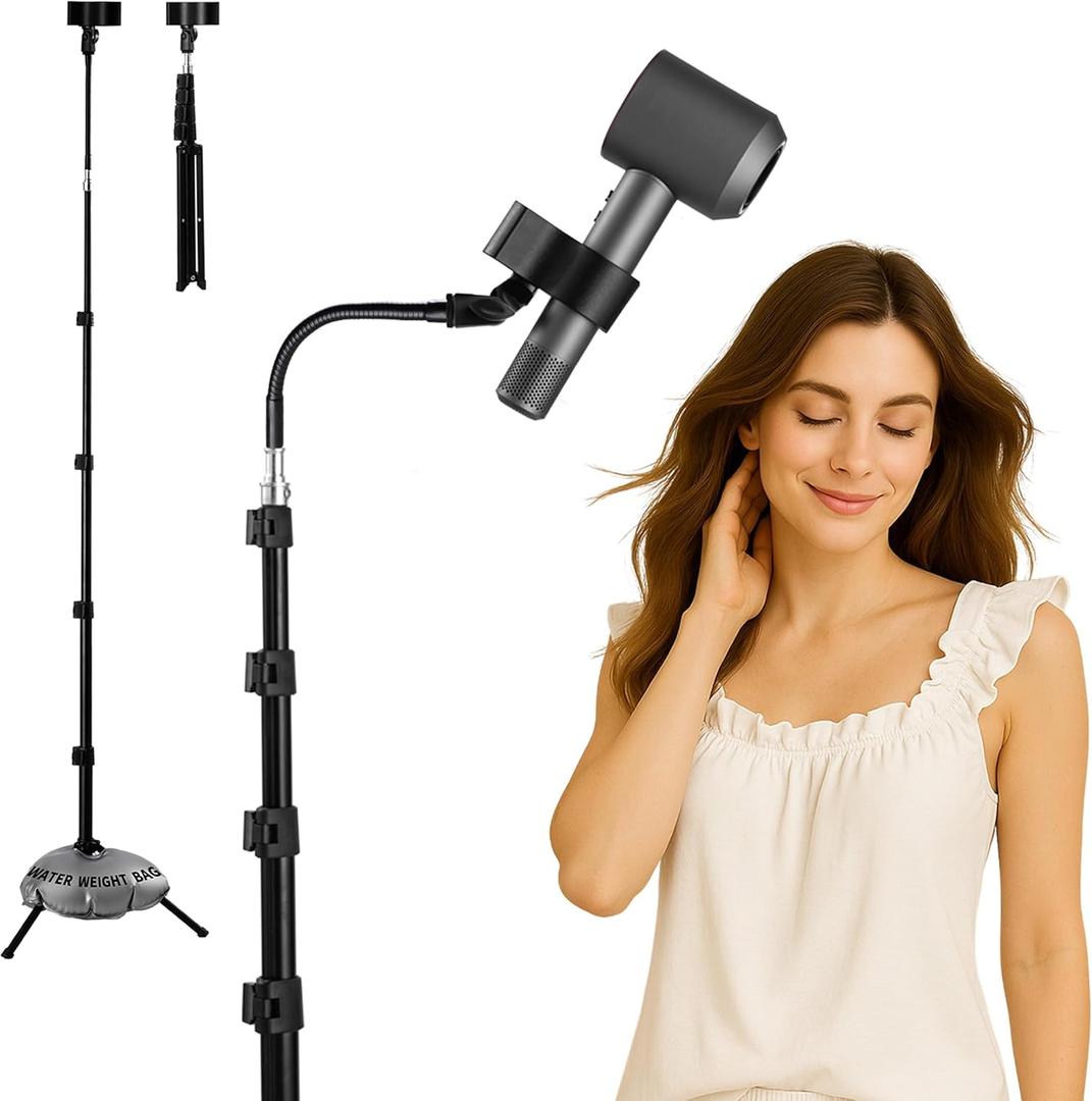 Hair Dryer Stand - 360 Rotating Universal Holder, 20-65 Inch Adjustable, Hands Free for Pain Relief & Multi-Tasking