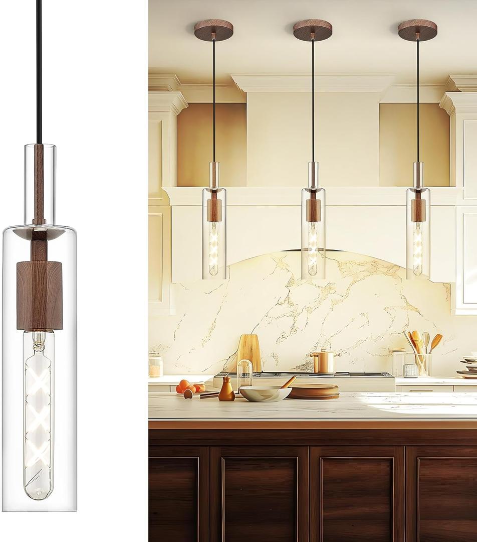 AUTELO Farmhouse Pendant Lights Kitchen Island, 1-Light Pendant Light Fixtures, Dark Wood Grain Hanging Lamp with Clear Cylinder Glass, Pendant Lighting for Kitchen Island, Dining Room, H3875 DW (Small - 1 Pack)