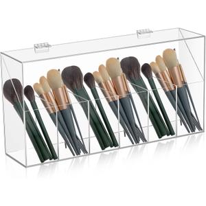 Acrylic Makeup Brush Holder with Lid 6-Slots, Clear Cosmetic Brushes Organizer Storage for Vanity, Large Capacity Split Design Dustproof Covered Container