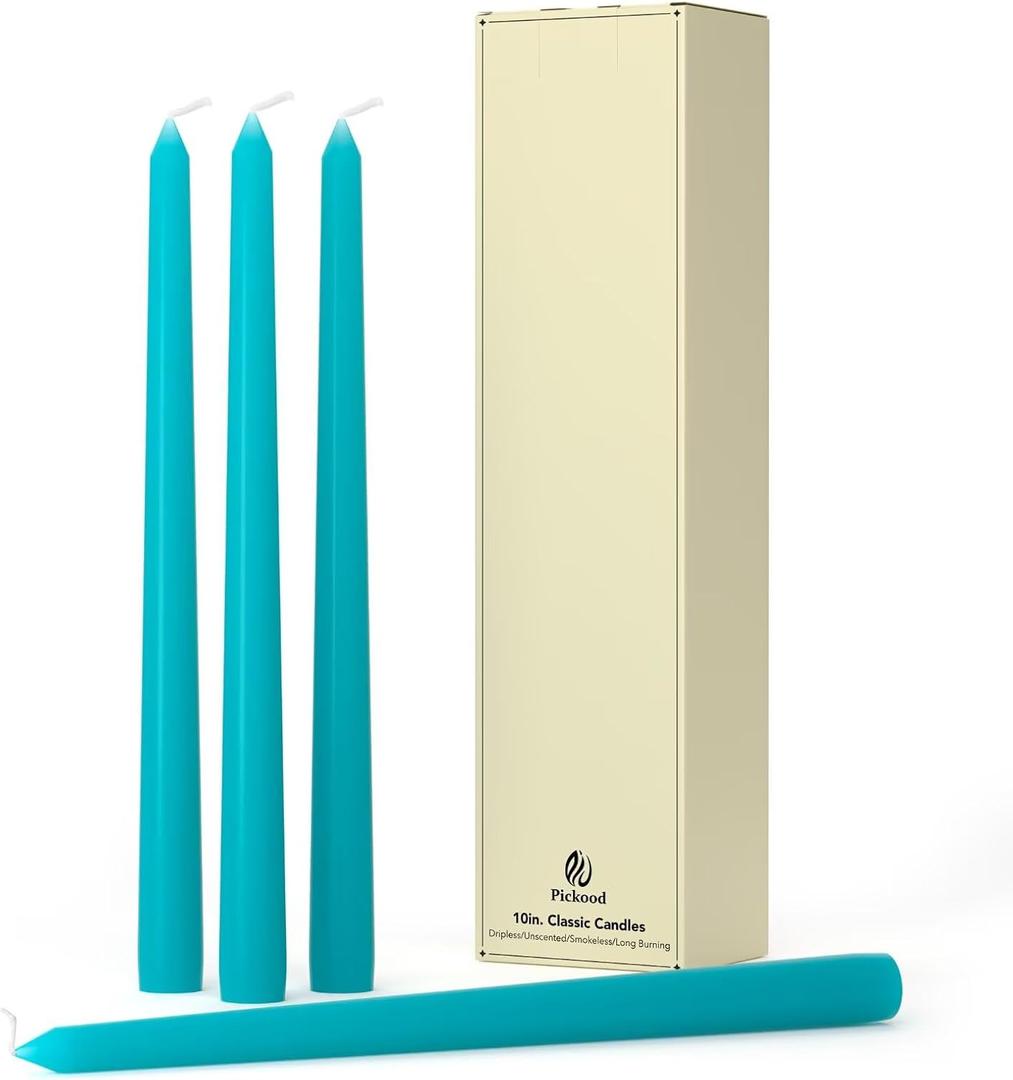 Pickood 12-Inch Tall Dripless Taper Candles Set of 4 - Turquoise Tapered Candles, Perfect for Spring - Smokeless, Unscented, Long Burning - Hand Poured, Colored Tall Candlesticks - Teal Pickood 12-Inch Tall Dripless Taper Candles Set of 4 - Turquoise Tapered Candles, Perfect for Spring - Smokeless, Unscented, Long Burning - Hand Poured, Colored Tall Candlesticks - Teal