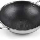 Hikaru 12.5 Wok Pan with Dual Honeycomb Wok Stainless Steel Wok Pan with Nonstick Coating, Frying Pans Cookware, Two Handles,Works with Induction ,Gas, Electric, Ceramic Furnace Stove, Without Lid