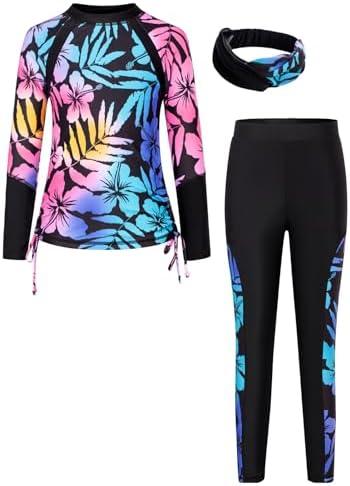 GRACE KARIN Girls Long Sleeve Swimsuit Two Piece Rashguard Floral Swimwear, Size 10Y