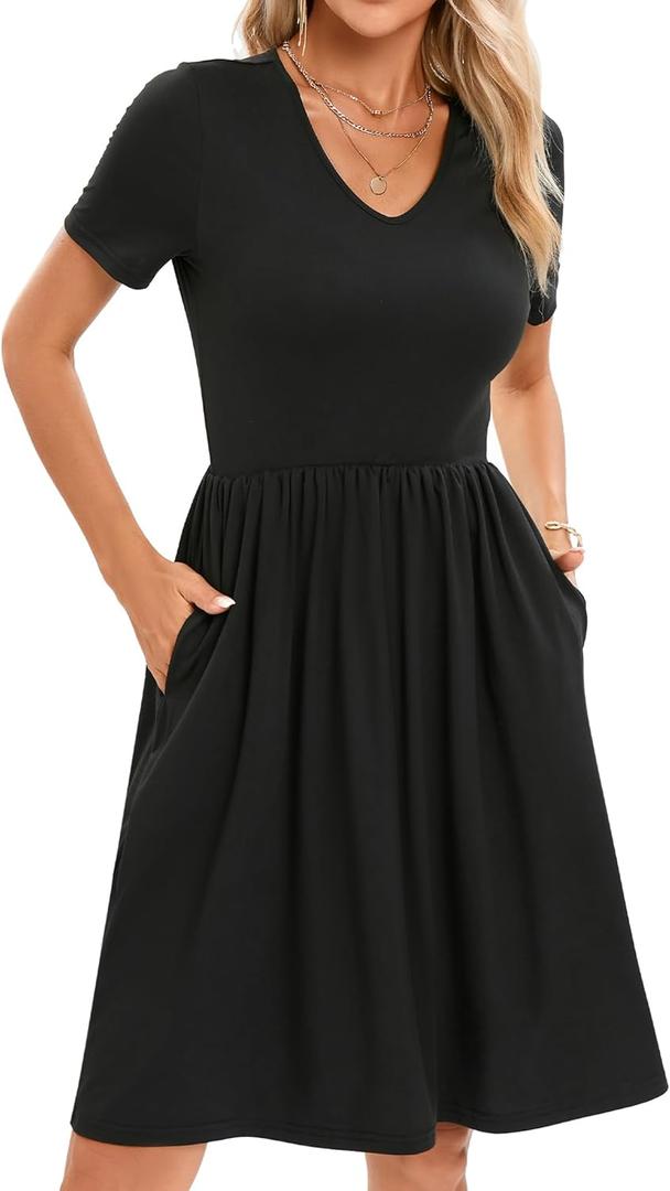 2024 Women's Summer Casual Short Sleeve Pleated A-Line Midi Loose Fit Swing Dresses T-Shirt Flowy Sundress with Pockets Black, X-Large (Black, XL)