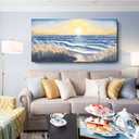 Large Canvas Wall Art for Living Room Blue Ocean Beach Sunset Sea Waves Nature Landscape Seascape Painting Seaside Reeds Pictures Seashore Coastal Serene Artwork for Home Lake Bedroom Office 60x30inch