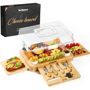Charcuterie Board with Drawer, Bamboo Cheese Board Set with Locking Lid & Utensils, Portable Serving Tray, Unique Housewarming Gifts, Wedding Gifts for Couples, Birthday Gifts for Women (10.8" x 14.8" x 2", 3 Drawers White)
