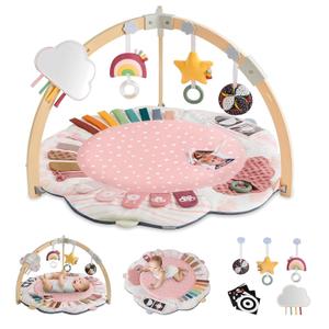 Blissful Diary Baby Play Gym & Activity Mat, 5 Developmental Zones Wooden Tummy Time Mat with 5 Detachable Sensory Toys for Motor Skills & Sensory Development, Baby Essentials Shower Gift, Pink Flower