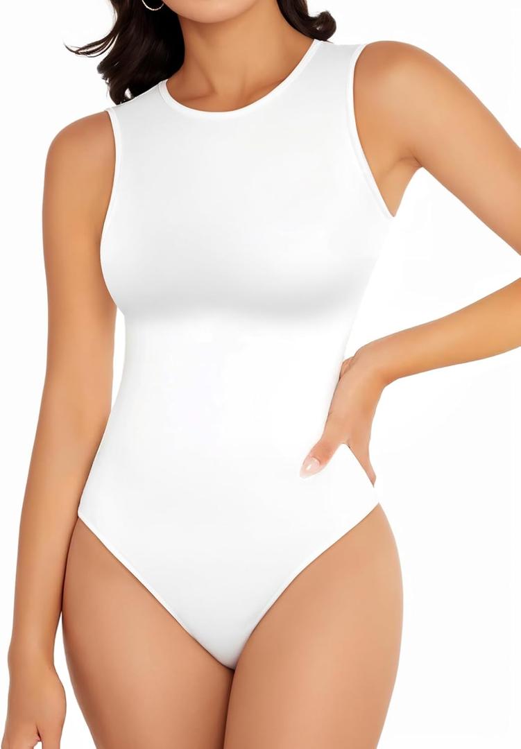 YOGINGO Women's Crew Neck Sleeveless Bodysuits Racerback Halter Tank Top Body Suits for Womens Sexy Going Out Leotards (Large, White)