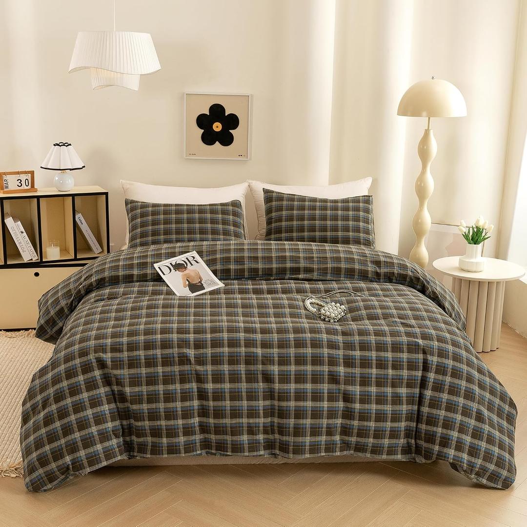 ECOCOTT Cotton 3 Pcs Duvet Cover Set Linen Feel Brown & Blue Plaid Queen