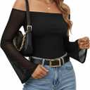 MANGOPOP Womens Off The Shoulder Bodysuit Mesh Bell Sleeve Body Suit Sexy Going out Fall Backless Tops 2025 (Black, M)