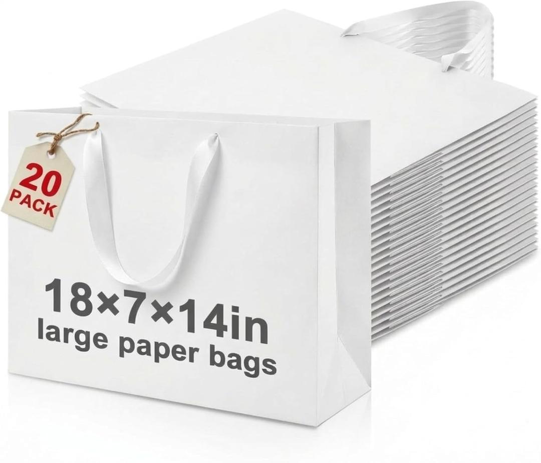 Fuyoooo 20 Pcs 18" x 7" x 14" Extra Large Gift Bags with Ribbon Handles, Reusable Heavy Duty Sturdy Kraft Paper Bags Bulk for Shopping, Retail, Grocery, Wedding Gifts, Party Favors (White)
