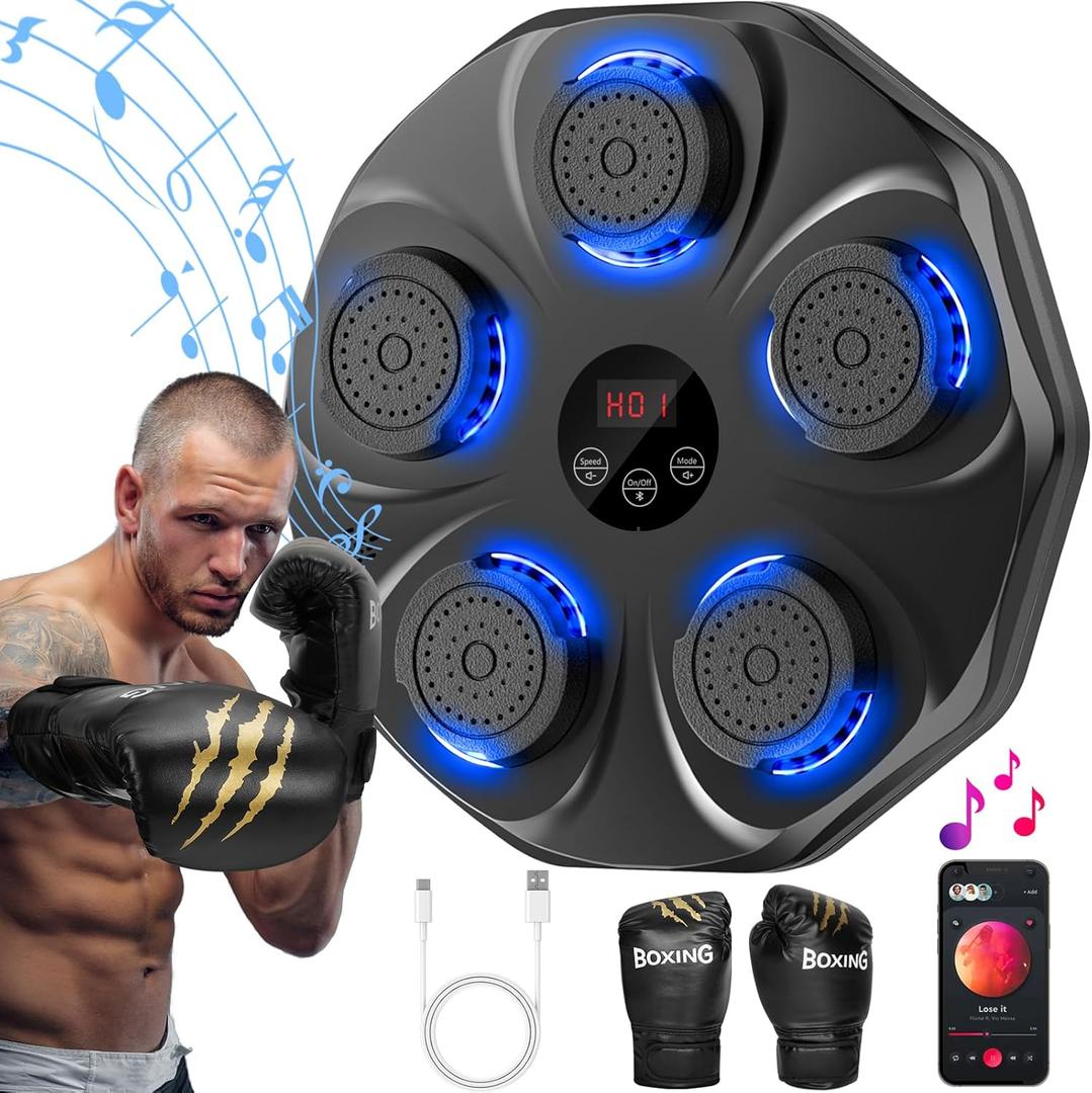 Music Boxing Machine, Interactive Punching Trainer with Boxing Gloves, Large Size Wall Mounted Electronic Boxing Target for Adults Kids, 9 Modes & 9 Speeds (Black)