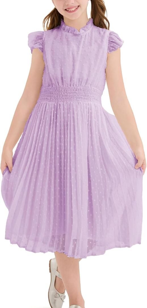 PATPAT Girls Casual Ruffle Sleeves Dresses A-line Elegant Midi Party Dress 5-14 Years (12-13 Years, Purple)