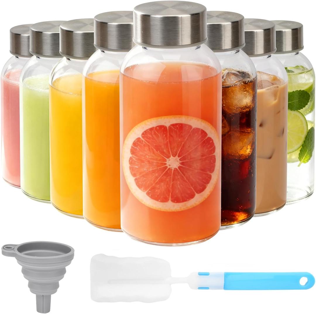 Sursip 8 oz Glass Bottles with Stainless Steel Lids (Set of 8) - Reusable Small Clear Jars for Juicing, Wellness Shots & Fridge Organization - Leakproof, Dishwasher Safe & BPA Free