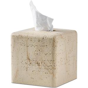 Natural Travertine Textures Tissue Box Cover Square for Home Decor,Resin Heavy Tissue Box Holder for Bathroom Countertop,Tabletop,Bedside Table,Office (Handmade of Resin) (Yellow Stone)