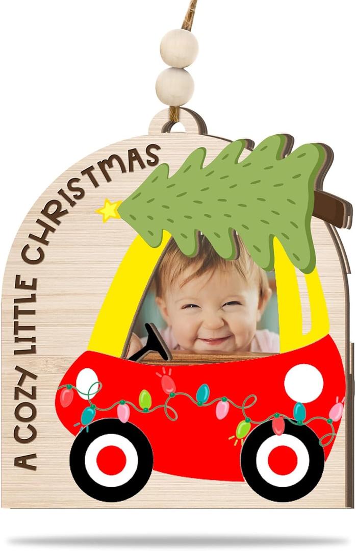 6 x Gift for Kid Ornament, Babys First Christmas Ornament 2025, A Cozy Little Christmas Wooden Photo Ornament  Red Car with Christmas Tree Picture Frame, Rustic Holiday Farmhouse Dcor Gift