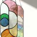 Geometric Design Style Suncatchers Stained Glass Window Panel,Beautiful Fairshaped Tiffany Style Stained Glass Window Hanging with Chain (Flowing Color)