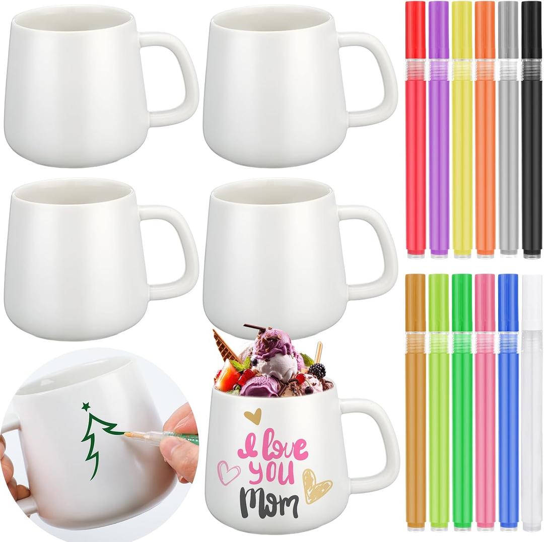 Mifoci 4 Sets Make Your Own Mug Mother's Day Gifts Painted Ceramic Mugs to Paint Kit You Can Decorate Coffee Cup Decorating Kit DIY Ceramic Cup for DIY Create a Keepsake Gift Craft (Classic)