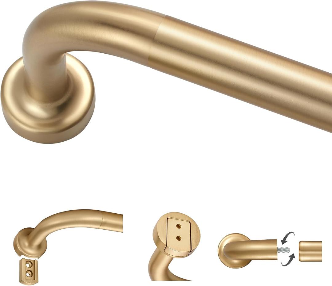 Warm Gold Curtain Rods for Windows 66 to 120",1 Inch Disc Wrap Around Curtain Rod with Aluminum Finials and Brackets,No Screw Disassembly Adjustable Blackout Curved Room Darkening Curtain Rod