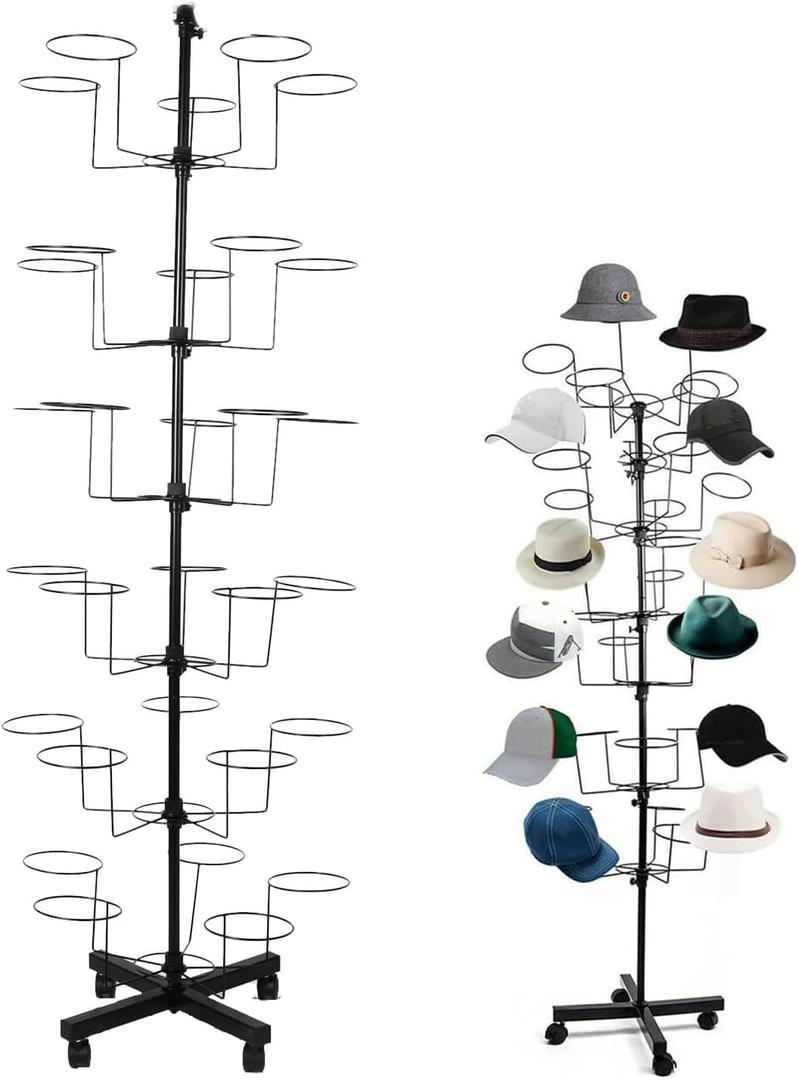 uyoyous 6-Tier Hats Display Rack Rotating Retail Hat Rack Stand 30 Hooks Adjustable Hat Headwear Rack with Wheels Metal Self-standing Hat Hanger Floor Standing Tower for Wig Cap Baseball Hats