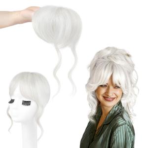 Flufymooz 100% Human Hair Clip In Bangs,360Real Human Hair Toppers for Women Natural Fringe Extensions with Invisible Clips-Silver White