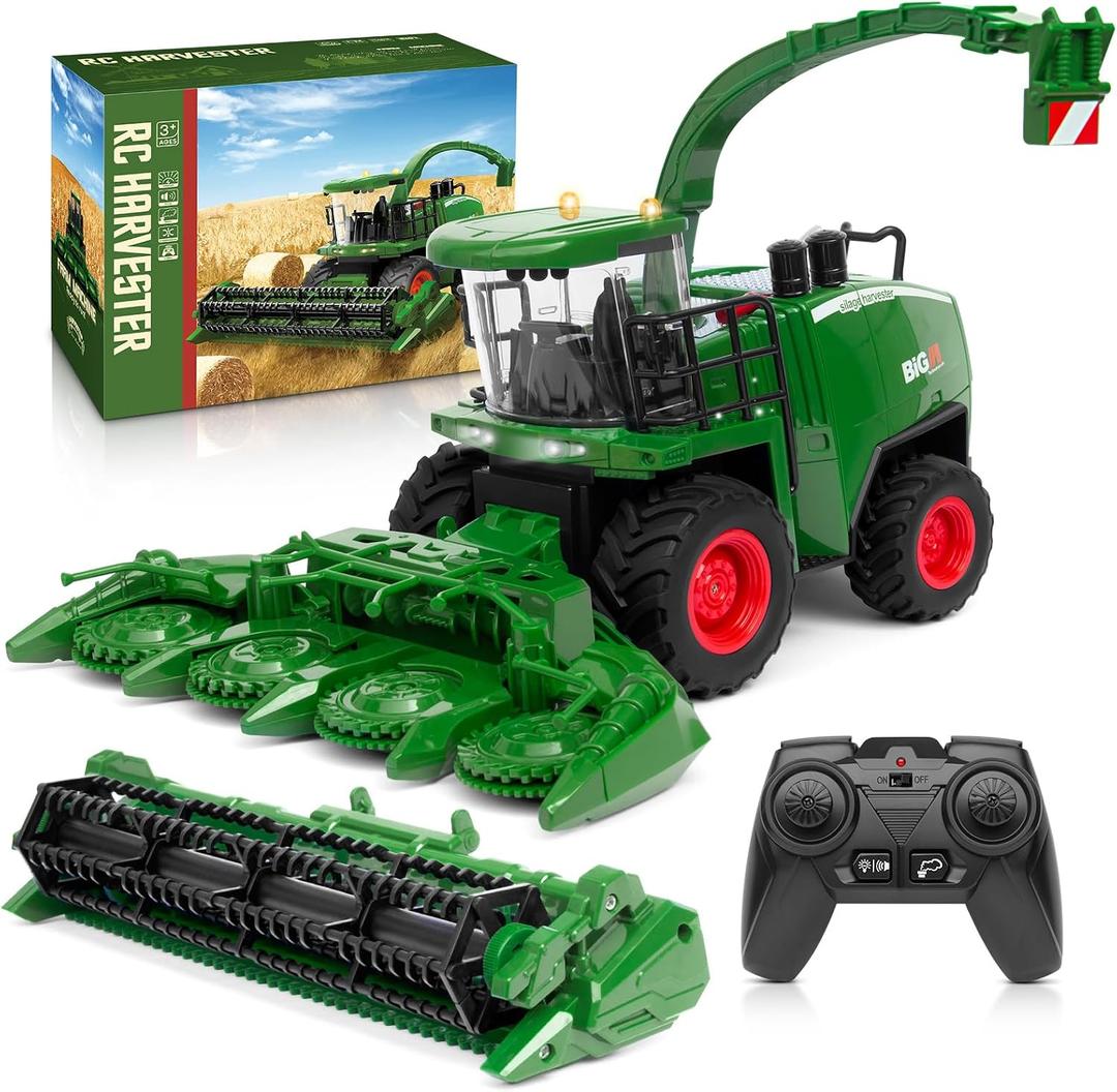 Uarzt Remote Control Combine Harvester Tractor Toy, 1/24 Scale RC Harvester Toys for Kids with 2 Grian Heads/2 Rechargeable Batteries/Light, Farm Toys for 4 5 6 7 8 9 Year Old Boys Birthday Gift