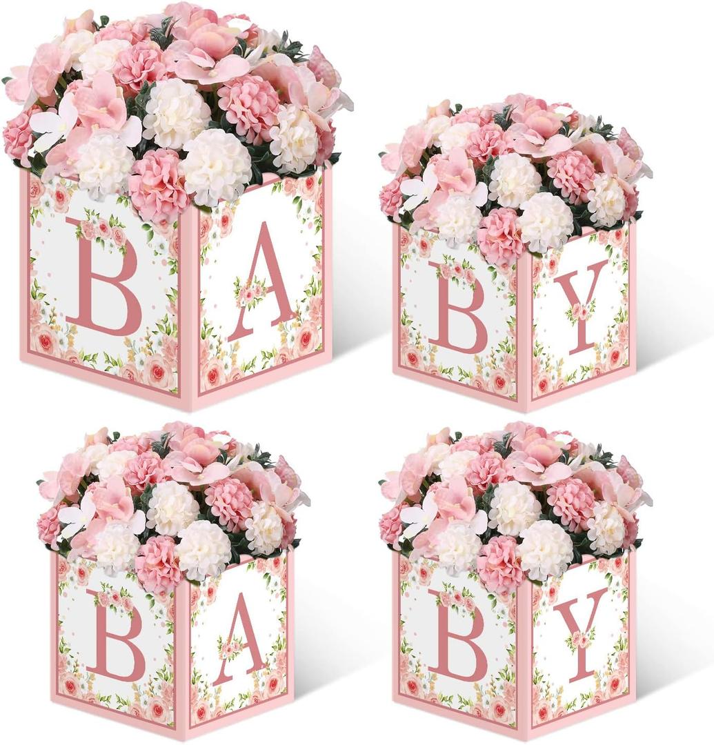 TSVATE Pink Baby Shower Boxes Decorations - 4 Baby Shower Centerpiece Boxes Gender Reveal First Birthday Centerpiece Decors (Without Flowers)