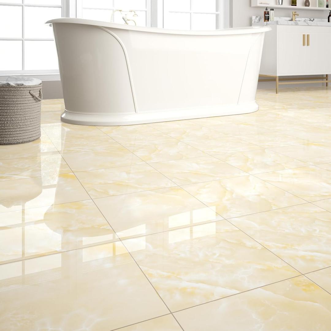 40-Pack 40 Sq.Ft Peel and Stick Floor Tiles Vinyl Polish Pattern Flooring, 12 x 12 Self Adhesive Vinyl Flooring DIY for Kitchen, Bathroom, Laundry, Polish Ivory Beige Marble