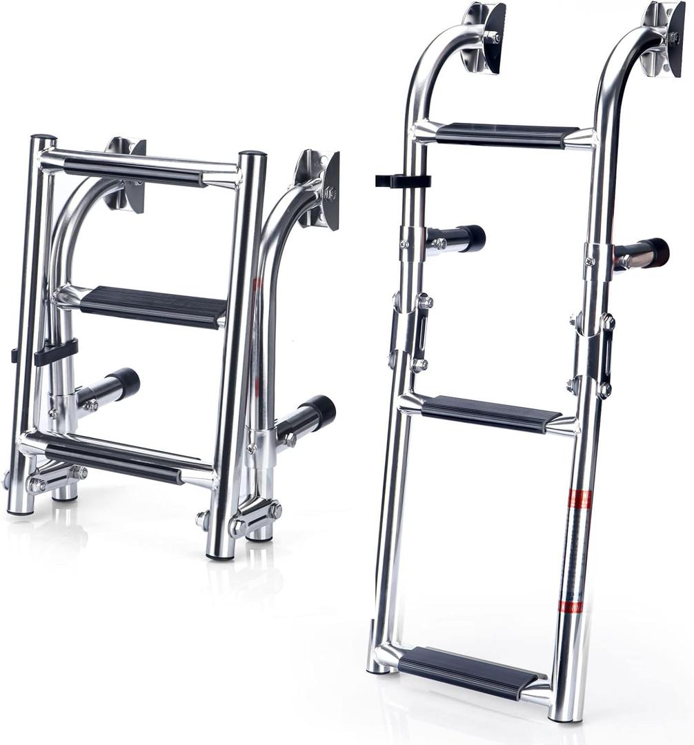 Marinebaby Stainless Steel Folding Boat Boarding Ladder for Pontoon,2+1 Steps Ladder Stern Mount W Rubber Grips,3 Steps Portable Folding Boat Ladder