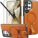 for Samsung Galaxy S25 Ultra Case with Stand, Anti-Slip Shockproof Loop, Compatible with MagSafe, Magnetic Protective Leather Case with Camera Lens and Screen Protector, Brown