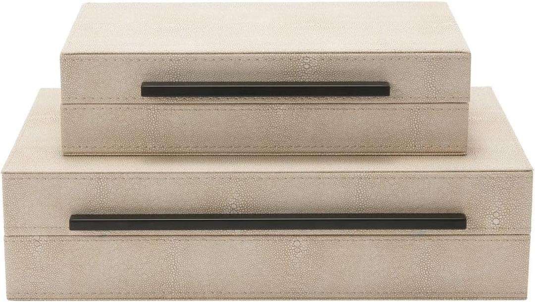 Sagala Set of 2 Ivory Shagreen Decorative Boxes With Black Metal Handles, Faux Leather Jewelry Boxes Modern Storage Boxes Photo Boxes Memory Boxes Home Organizer Box(Ivory), 14.2x8.6x3.5cm