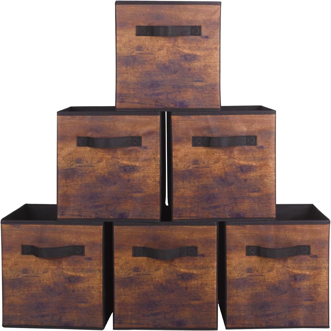 powerking Storage Boxes for Closets and Toys, Foldable Fabric Storage Boxes and Fabric Storage Drawers, Set of 6 Pieces (Retro Wood Grain)
