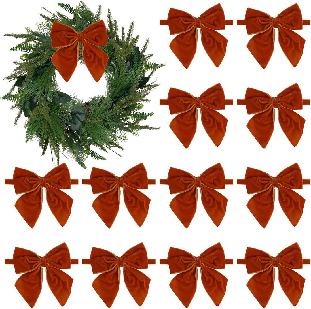 AIMUDI Orange Velvet Bows for Christmas Trees 4" Christmas Bows for Gift Wrapping Premade Bows for Wreaths, Holiday Crafts, Garlands, Staircase, Home Outdoor Winter Decorations, 12 PCs