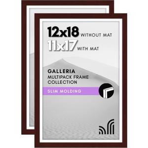 Americanflat 12x18 Poster Frame with Polished Plexiglass - Set of 2 - Use as 11x17 Frame with Mat or Display 12x18 Photo Without Mat - Galleria Collection - Picture Frames for Wall Display - Mahogany