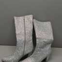 ABSOLEX Women Pointed Toe Rhinestone Block Medium Heel Knee High Boots (9, Silver)