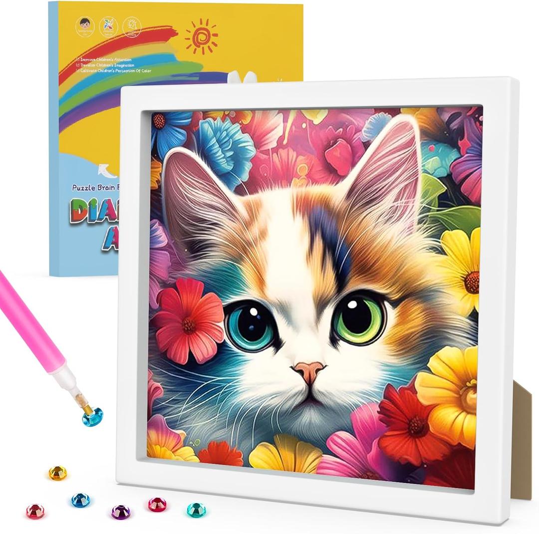 Genius maker Diamond Art Kits for Kids with Frame, Cat Diamond Art Kits Painting for Kids, Diamond Gem Art for Girls Boys, Painting Arts and Crafts for Home Room Decor(7x7inch), Pack of 3