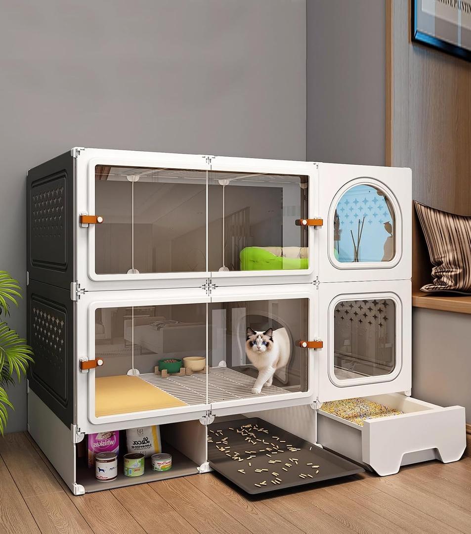 Cat Cage Cat Enclosure with Litter Box & Clear Sliding Door, Expandable Cat Playpen, Detachable Metal, Cat Cage Indoor and Outdoor, Ferret Cage