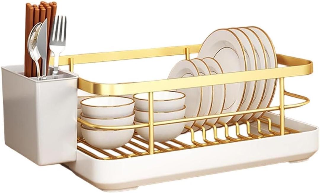 Dish Drying Rack for Kitchen Counter - Space-Saving Gold Dish Rack with Drip Tray & Cutlery Holder, Carbon Steel Removable Dish Drainer Rack