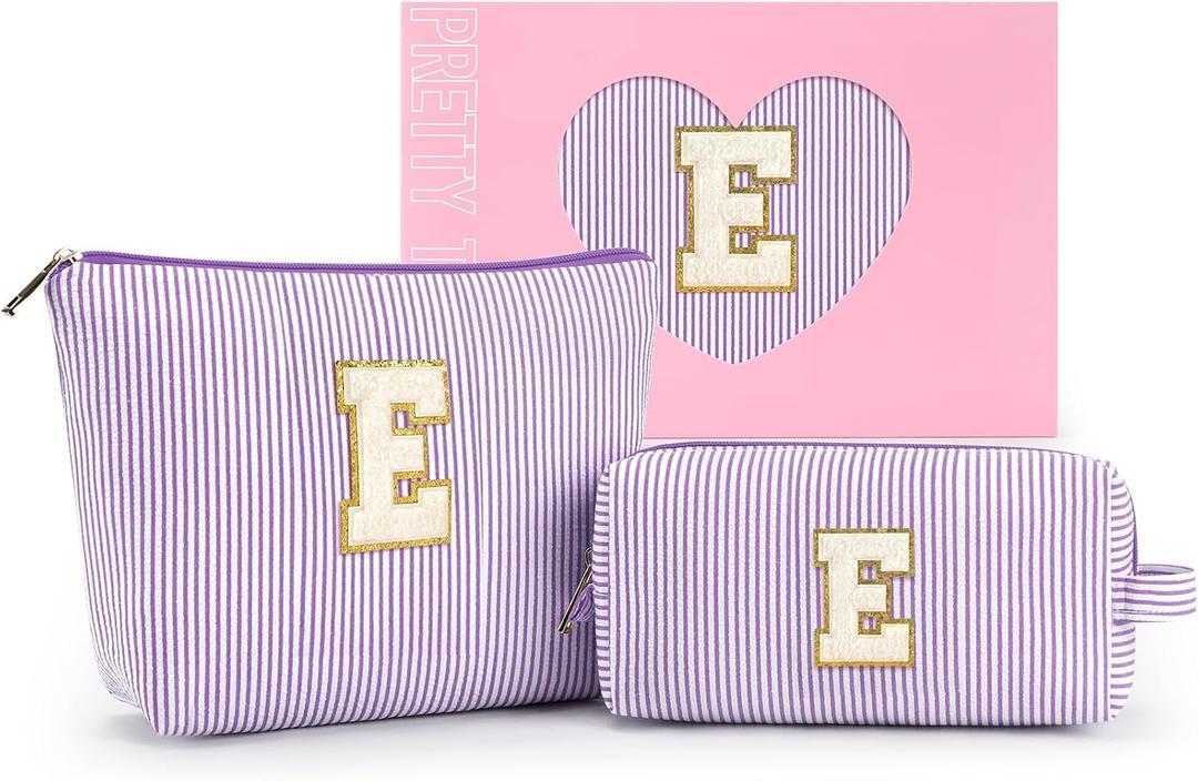 mibasies 2 PCS Initial Makeup Bags for Women: Cosmetic Bag for Travel Toiletry - Personalized Cute Makeup Pouch - Gifts for Grilfriend Wife Moms Bridesmaid - Retirement Travel Gifts - Purple E