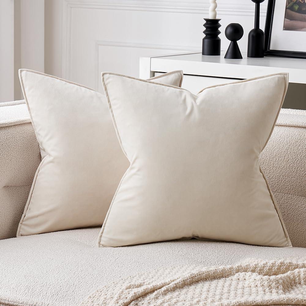 MIULEE Cream White Velvet Throw Pillow Covers 22x22 Soft Decorative Solid Square Cushion Cases Pack of 2 Modern Luxury Home Decor for Couch, Sofa, Bedroom