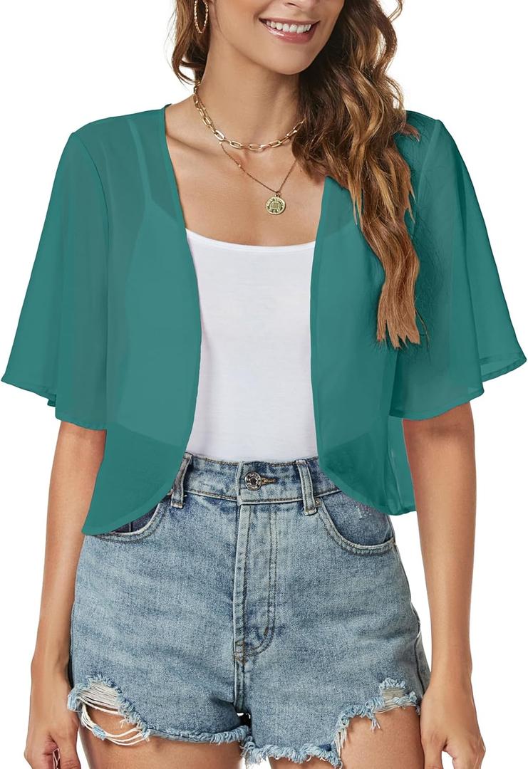 Women Shrug Chiffon Cardigans Open Front Short Sleeve Bolero for Evening Dressy (Medium, Blue Green)