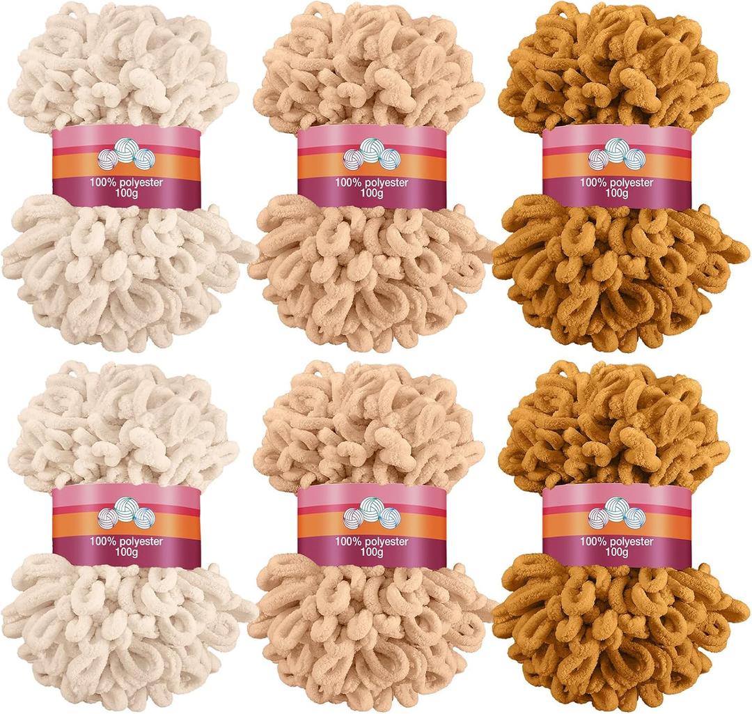 6 Pack Finger Loops Yarn Bulk Soft Chunky Yarn 600 G/ 6 Skeins for Mothers Day Beginners Knitting No Needles or Hooks(Beige,Khaki,Turmeric)