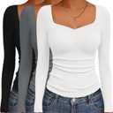 Ekouaer 3 Packs Womens Long Sleeve Tops Sweetheart Neck Fitted Shirts Basic Layering Tee Soft Undershirts Fall Outfits Black/Light Gray/White (3pcs) M